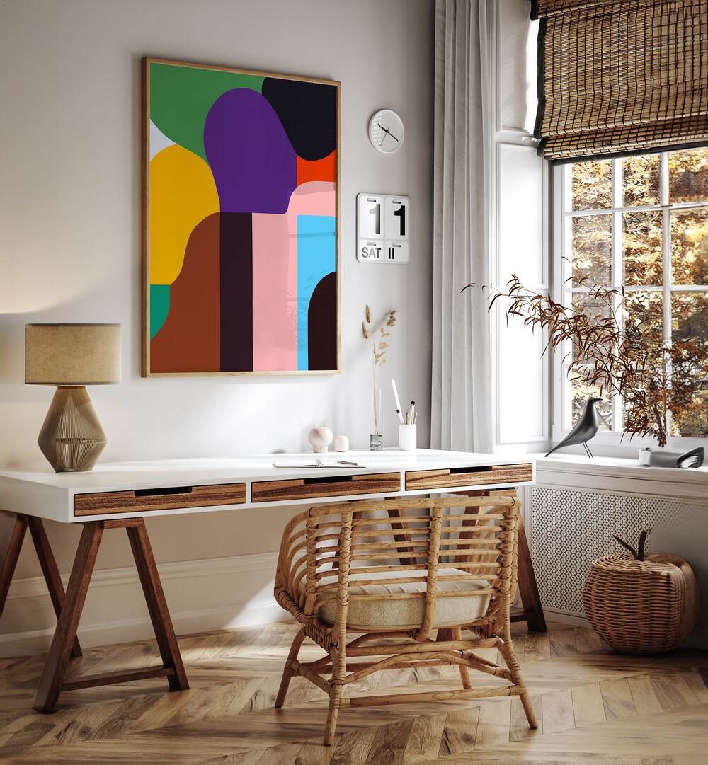 Colour Moods Abstract Paintings Abstract Art Prints in Oak Wood Plain Frame placed on a White Colored Wall near a Study Table in a Workspace in the Drawing Room