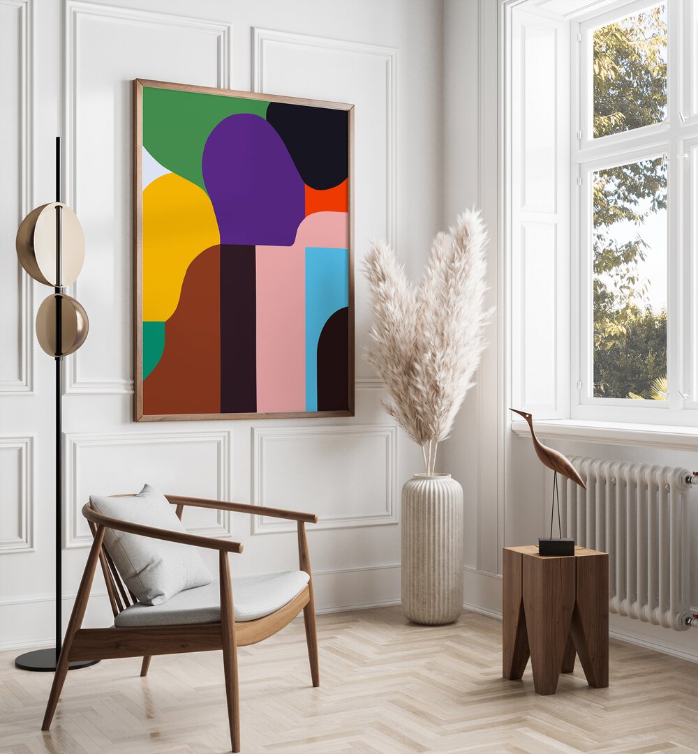 Colour Moods Abstract Paintings Abstract Art Prints in Dark Wood Plain Frame placed on a White Colored Wall in the Drawing Room