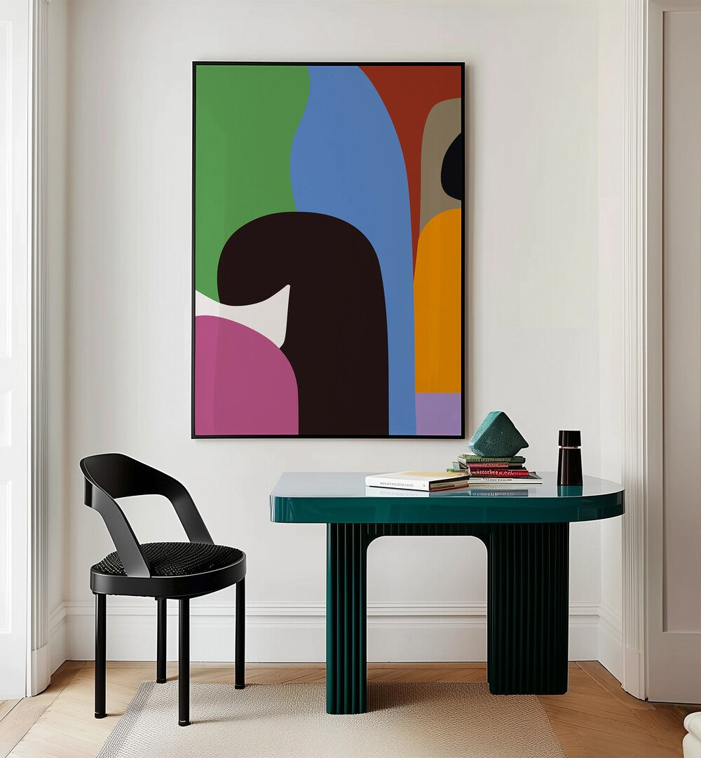 Colour Moods I Abstract Paintings Abstract Art Prints in Black Plain Frame placed on a Cream Colored Wall near a Table in a Workspace in the Drawing Room