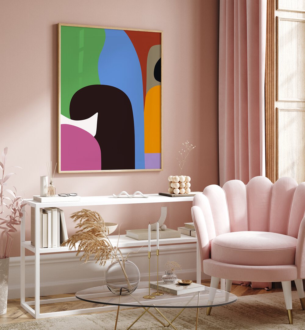 Colour Moods I Abstract Paintings Abstract Art Prints in Oak Wood Plain Frame placed on a Pink Colored Wall above a Console Table in the Drawing Room