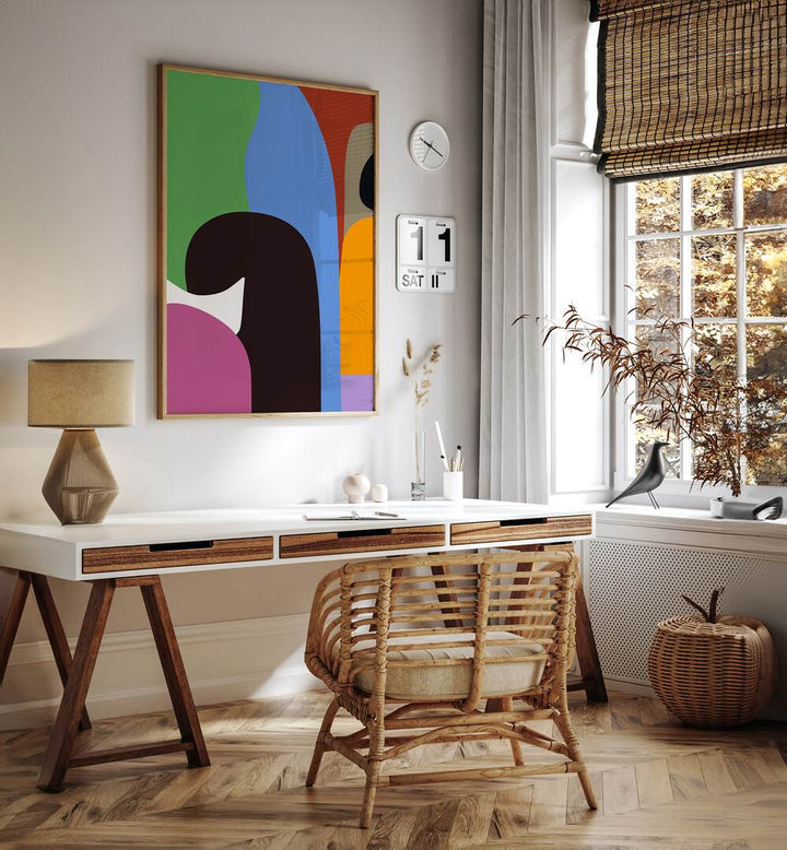 Colour Moods I Abstract Paintings Abstract Art Prints in Oak Wood Plain Frame placed on a White Colored Wall near a Study Table in a Workspace in the Drawing Room