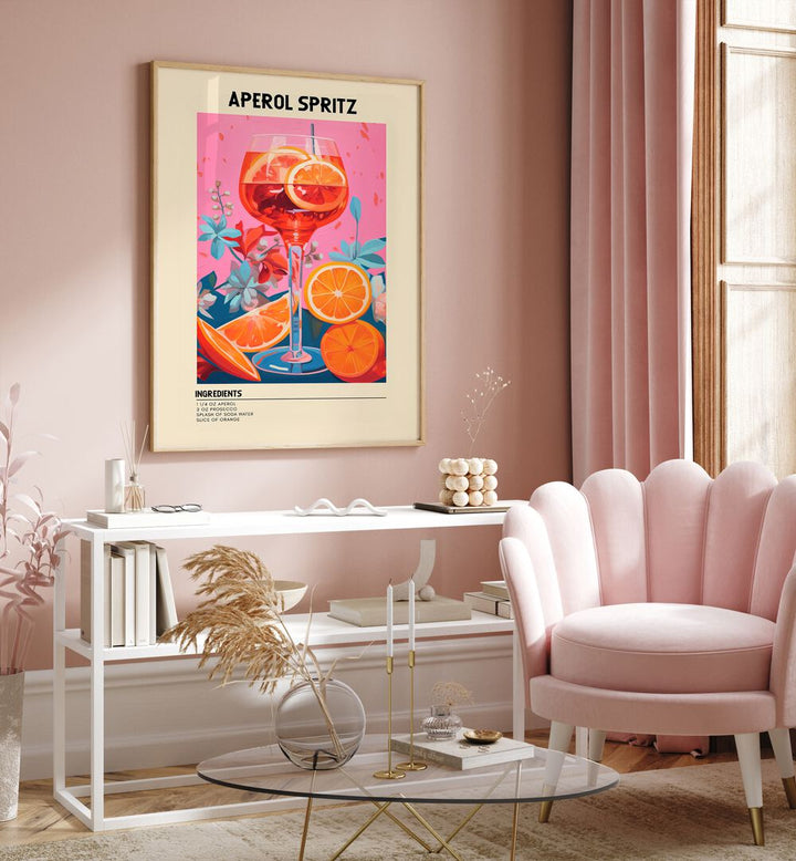 Colourful Aperol Spritz Cafe Art Prints Cafe Posters in Oak Wood Plain Frame placed on a wall behind a table