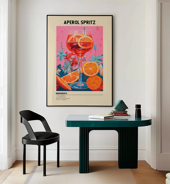 Colourful Aperol Spritz Cafe Art Prints Cafe Posters in Black Plain Frame placed on a wall behind a study table