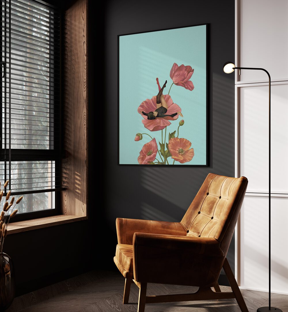 Colourful Dreamer by Maarten Leon Women Illustrations paintings in Black Plain Frame placed on a wall beside an orange sofa