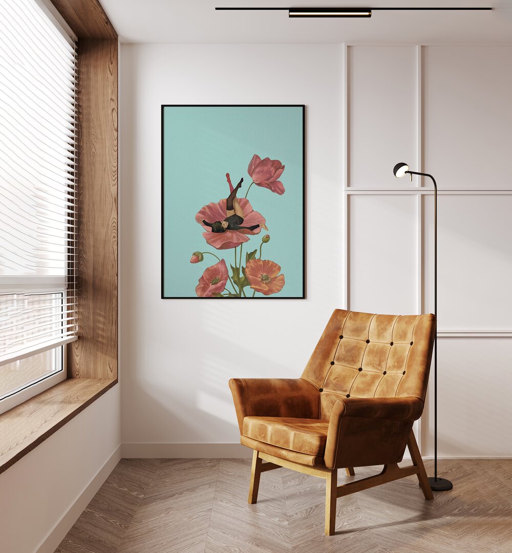 Colourful Dreamer by Maarten Leon Women Illustrations paintings in Black Plain Frame placed on a white wall beside a window