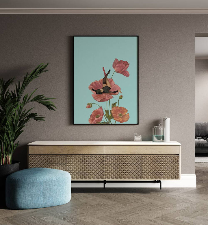 Colourful Dreamer by Maarten Leon Women Illustrations paintings in Black Plain Frame placed on a wall behind a console table