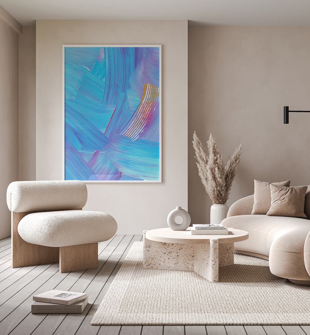 Colourful Strokes by Uplus Me Studio Abstract Art Abstract Paintings in White Plain Frame placed on a wall behind a sofa