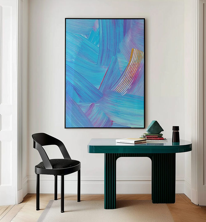 Colourful Strokes by Uplus Me Studio Abstract Art Abstract Paintings in Black Plain Frame placed on a wall behind a study table