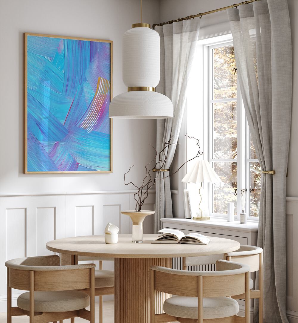 Colourful Strokes by Uplus Me Studio Abstract Art Abstract Paintings in Oak Wood Plain Frame placed on a wall beside a window and behind a  dining table 