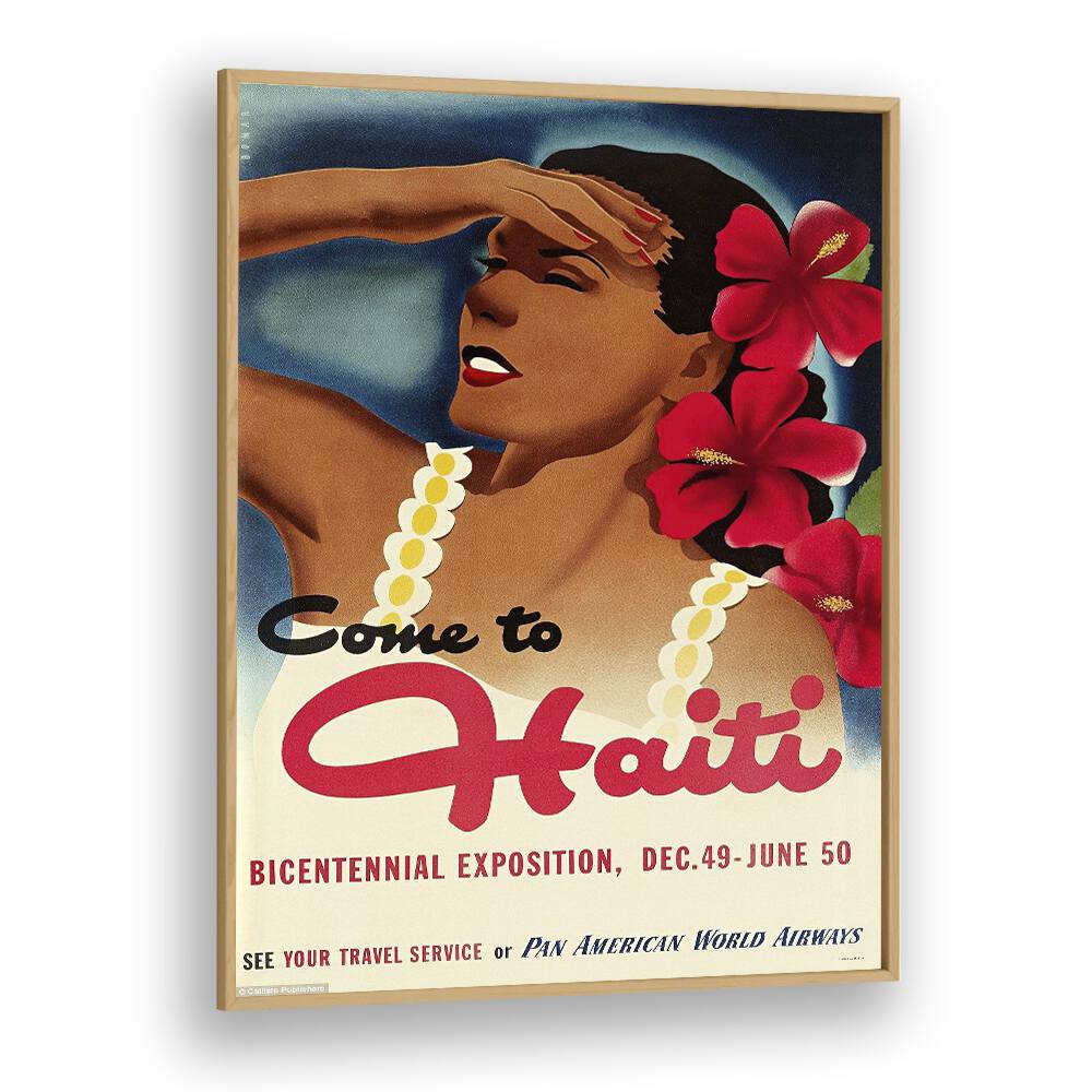 Come To Haiti-Dec 49-June 50 Retro Vintage Travel Travel Posters in Oak Wood Plain Frame