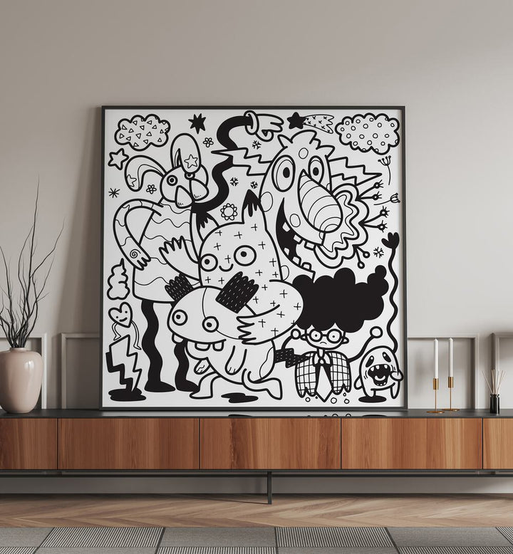 Comic Companions BW Doodle Art Painting in Black Plain Frame placed on a table