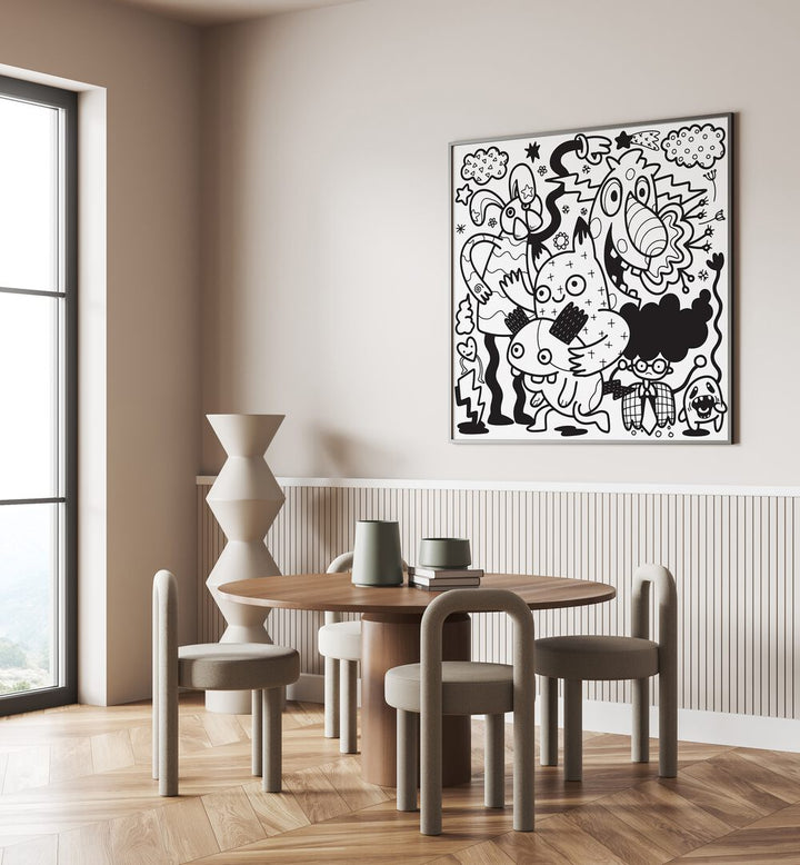 Comic Companions BW Doodle Art Painting in Black Plain Frame placed on wall behind the dinner table