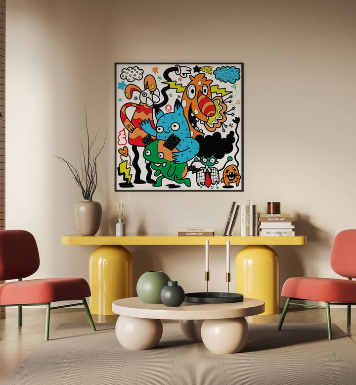 Comic Companions Doodle Art Painting in Black Plain Frame placed on wall behind a table