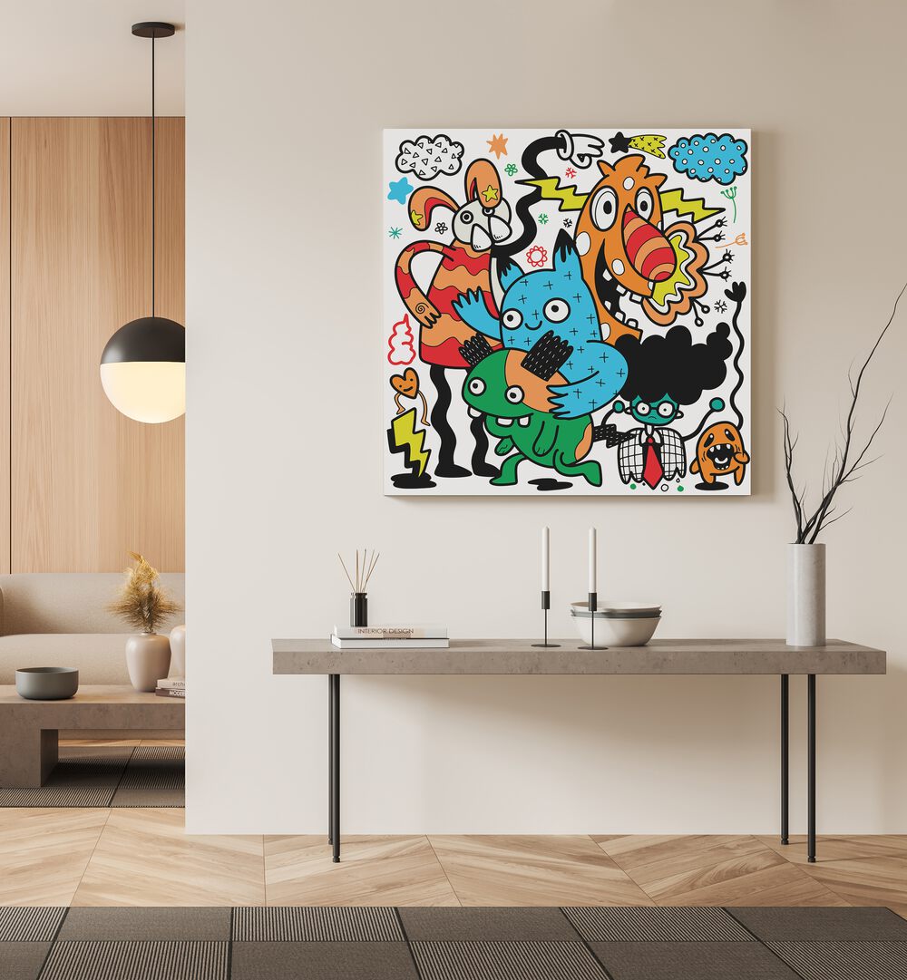 Comic Companions Doodle Art Painting in Black Plain Frame placed on wall behind a table stand 