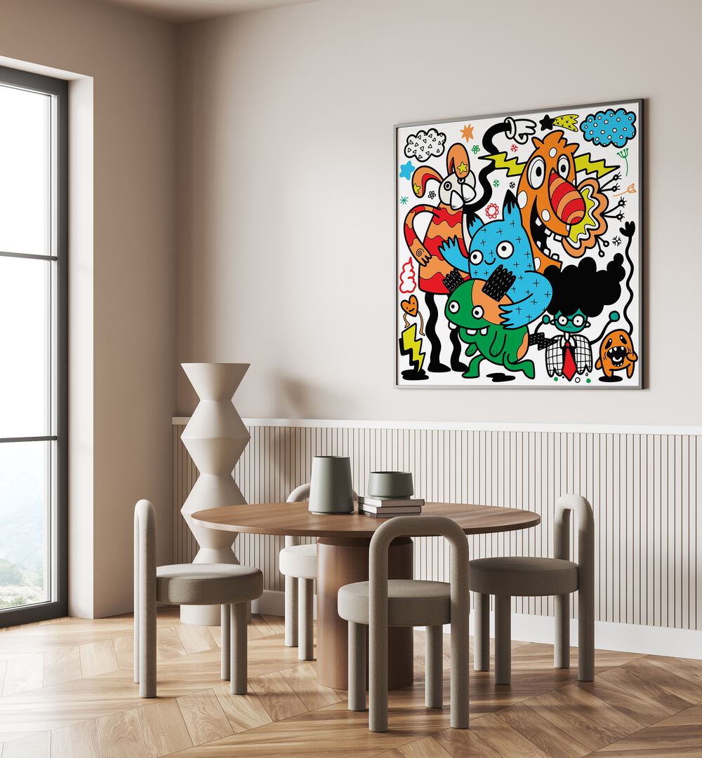 Comic Companions Doodle Art Painting in Black Plain Frame placed on wall behind a dinner table