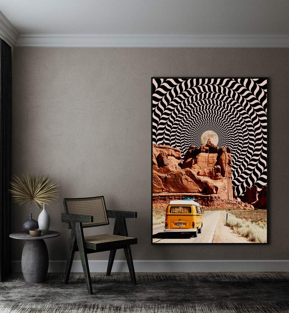 Commute The Real Surreal Paintings Surreal Art Prints in Black Plain Frame placed on a Beige Colored Wall in the Drawing Room