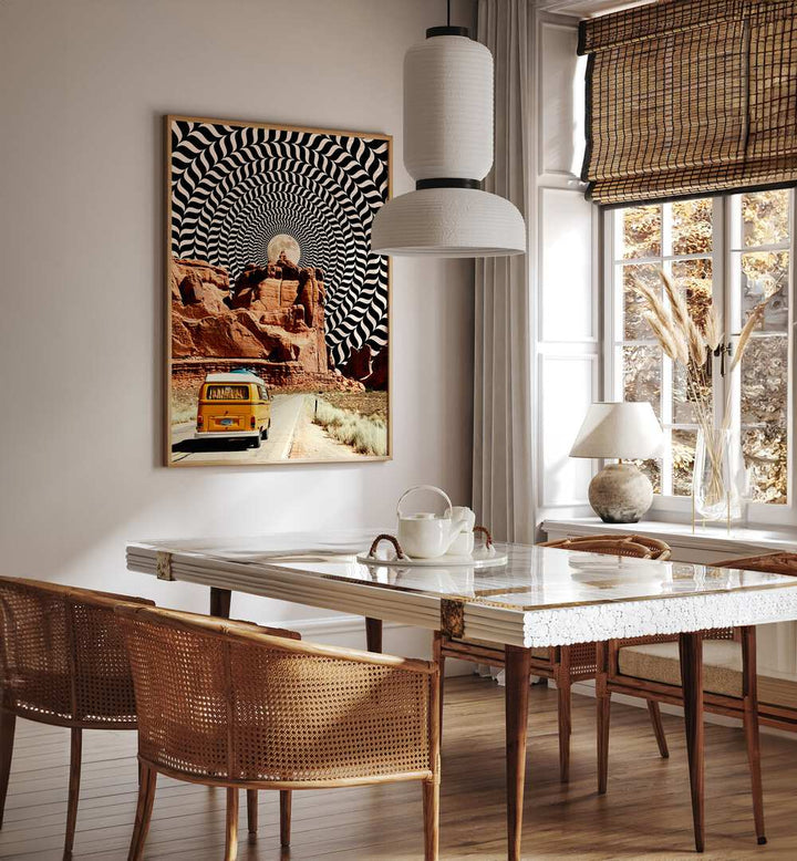 Commute The Real Surreal Paintings Surreal Art Prints in Oak Wood Plain Frame placed on a Cream Colored Wall near a Dining Table in the Dining Room