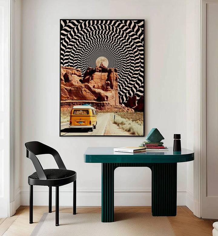 Commute The Real Surreal Paintings Surreal Art Prints in Black Plain Frame placed on a White Colored Wall Above a Study Table near a Workspace in the Drawing Room