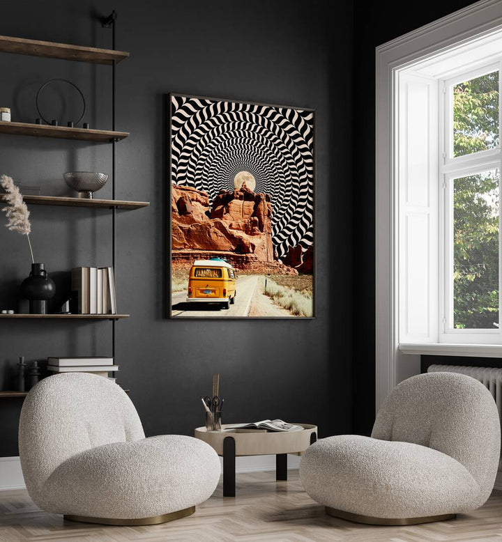 Commute The Real Surreal Paintings Surreal Art Prints in Black Plain Frame placed on a Dark Grey Colored Wall in the Drawing Room