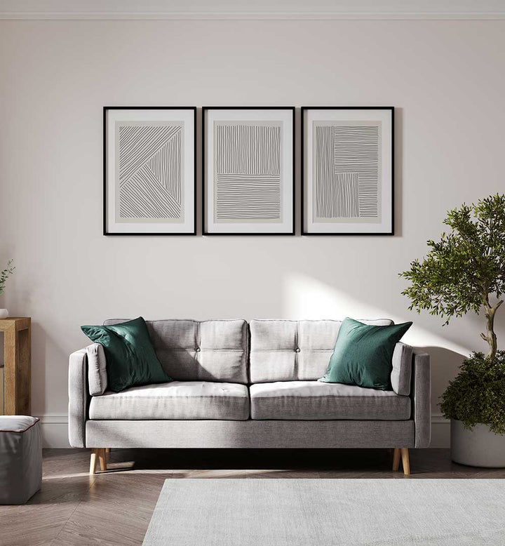 COMPOSED LINES SET , SET OF 3 PAINTINGS