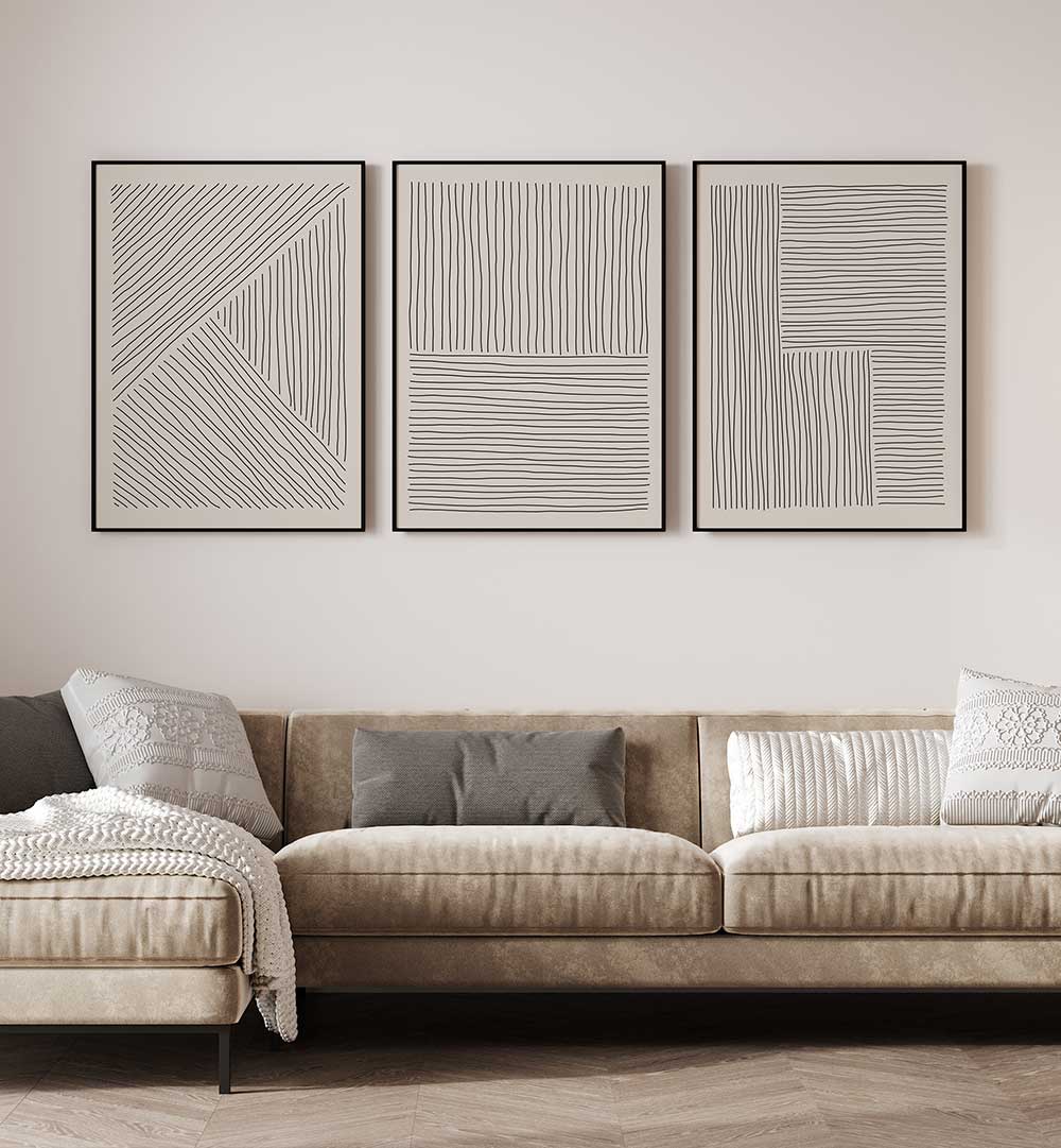 COMPOSED LINES SET , SET OF 3 PAINTINGS