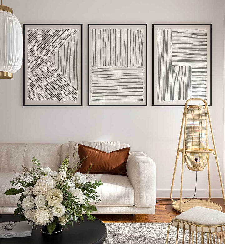 COMPOSED LINES SET , SET OF 3 PAINTINGS