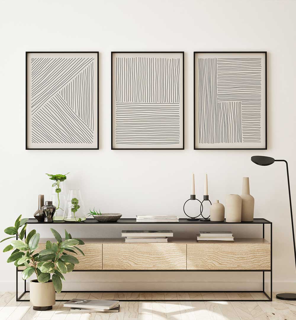 COMPOSED LINES SET , SET OF 3 PAINTINGS