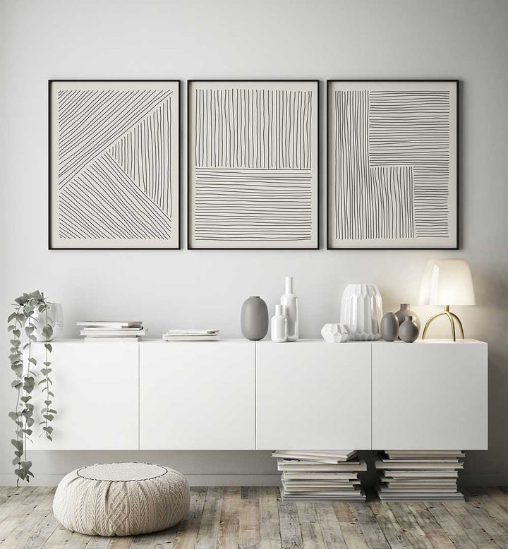 COMPOSED LINES SET , SET OF 3 PAINTINGS