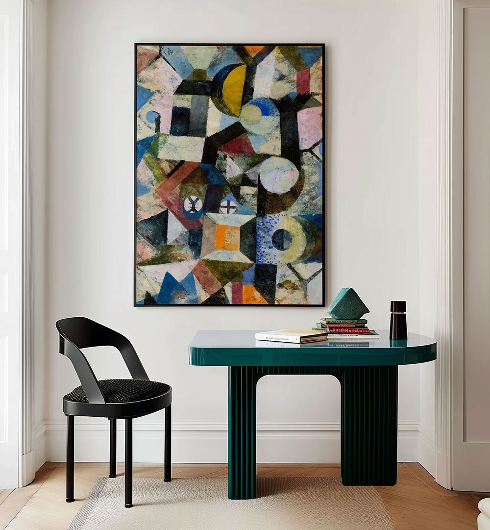 Composition With The Yellow Half-moon And The Y 1918 I Vintage Paintings in Black Plain Frame placed on a wall behind a study table