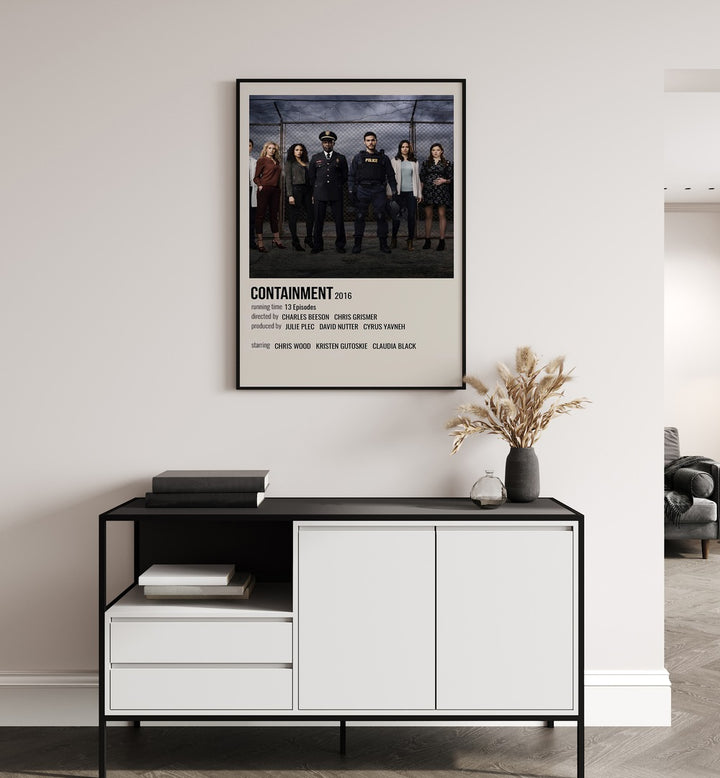 Containment 2016 Movie Posters in Black Plain Frame hanging on wall above console table