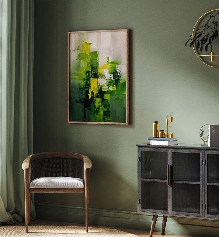 Stylish interior featuring CONTEMPORART - MATCHA I, ABSTRACT PAINTINGS, enhancing modern decor with vibrant greens.