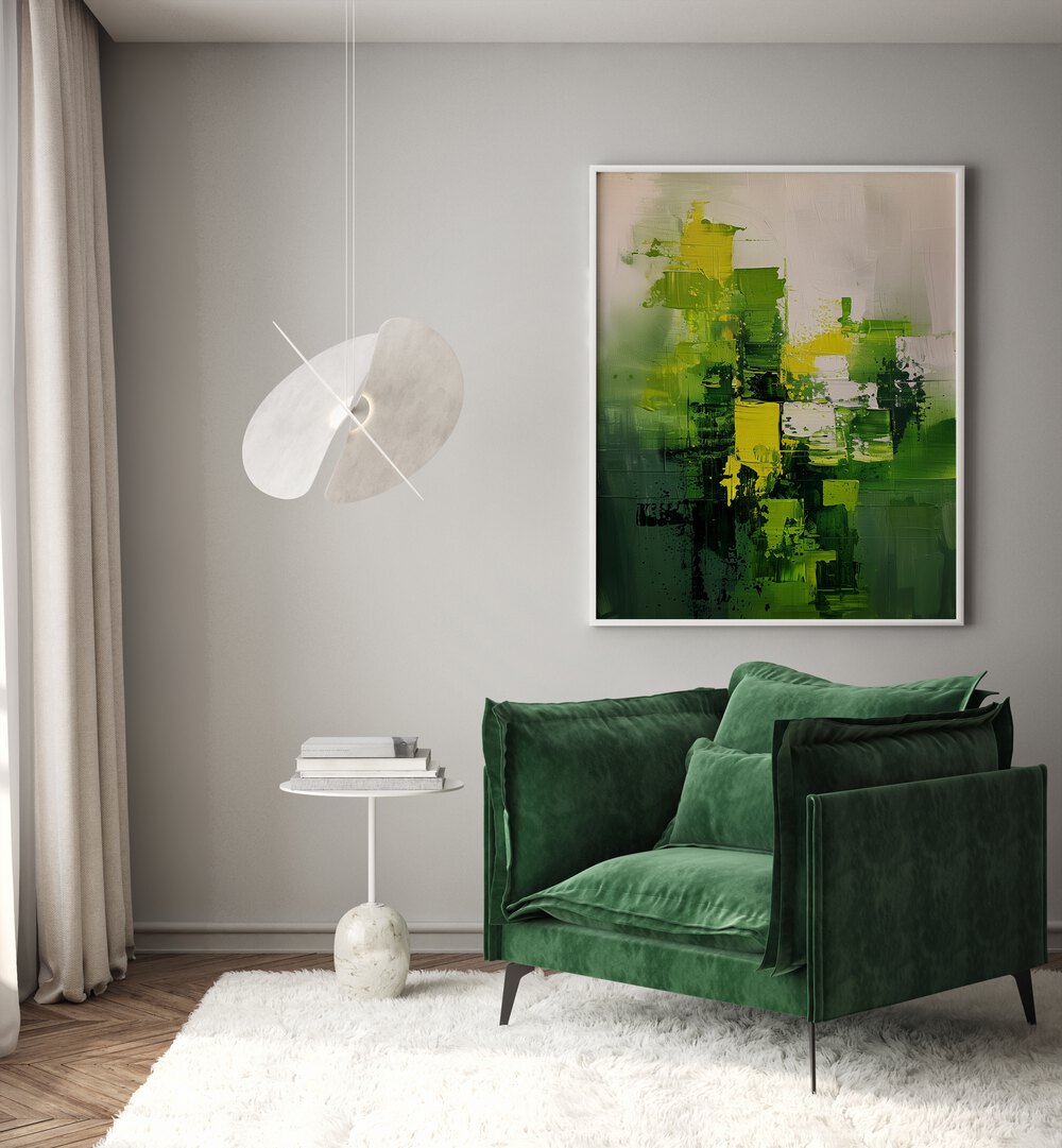Stylish interior featuring CONTEMPORART - MATCHA I, ABSTRACT PAINTINGS, enhancing the modern decor with vibrant greens.