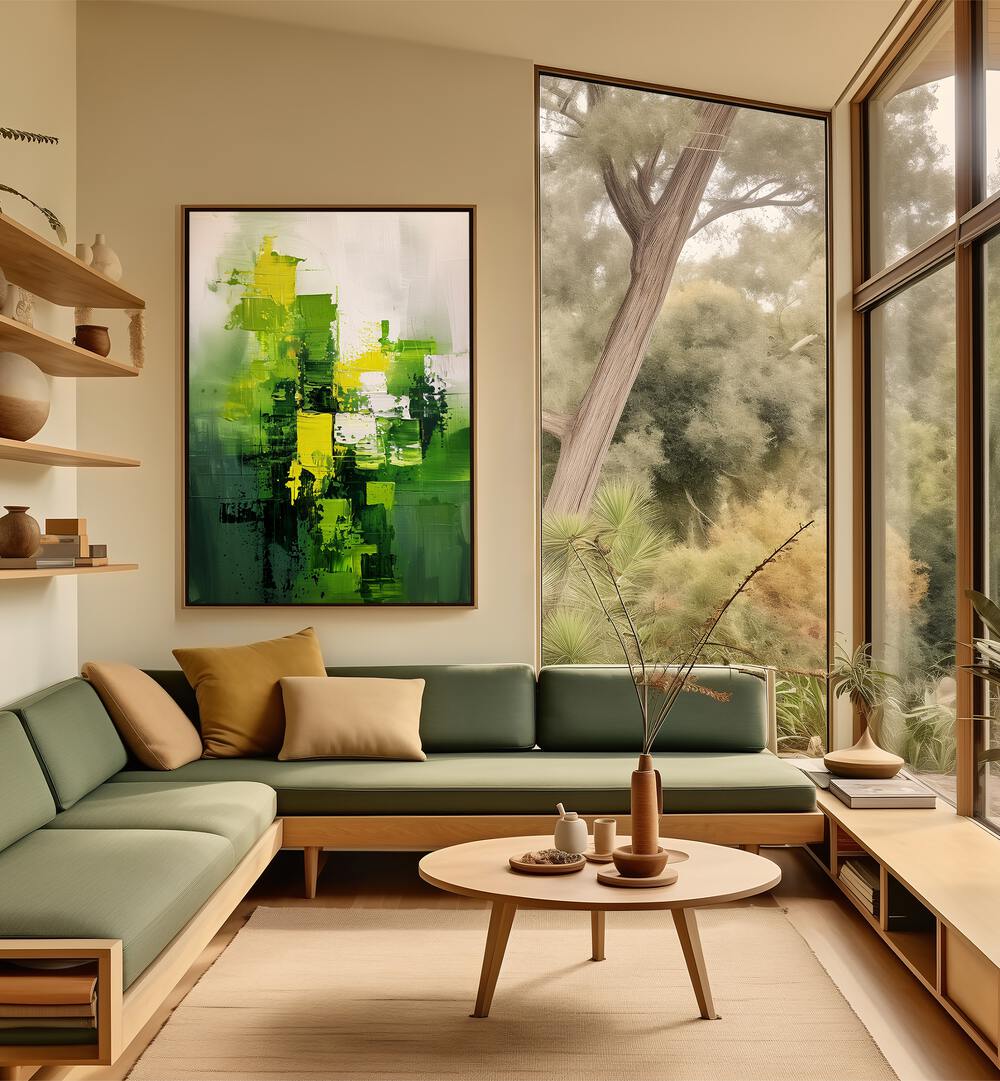 Vibrant interior featuring CONTEMPORART - MATCHA I, ABSTRACT PAINTINGS by Philippe HUGONNARD, enhancing modern decor.