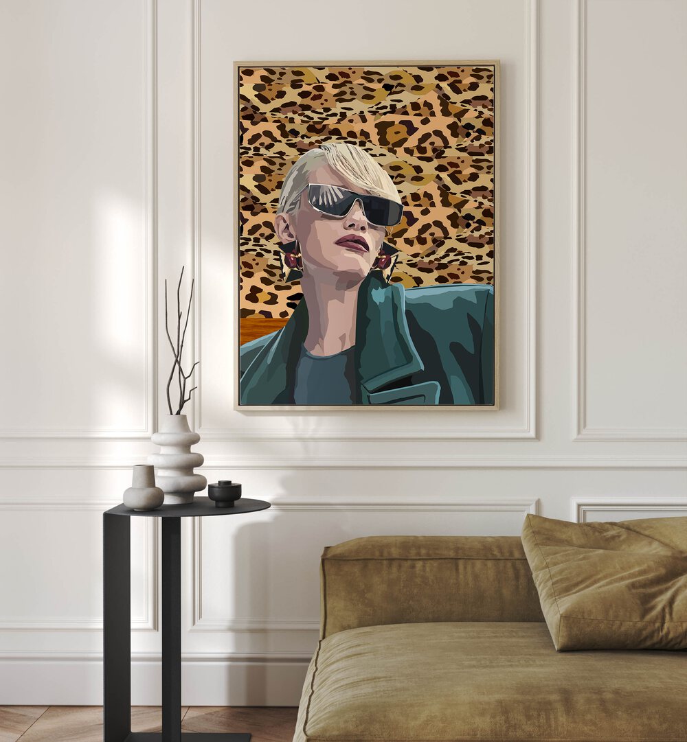 Cool By Lynnda Rakos Pop Art Paintings Pop Art Prints in Oak Wood Floater Frame placed on a wall behind a sofa