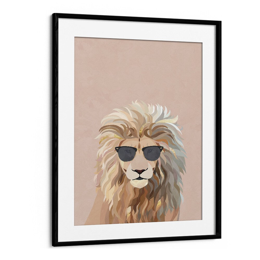 Cool Cat Lion By Sarah Manovski Wildlife Paintings in Black Frame With Mount