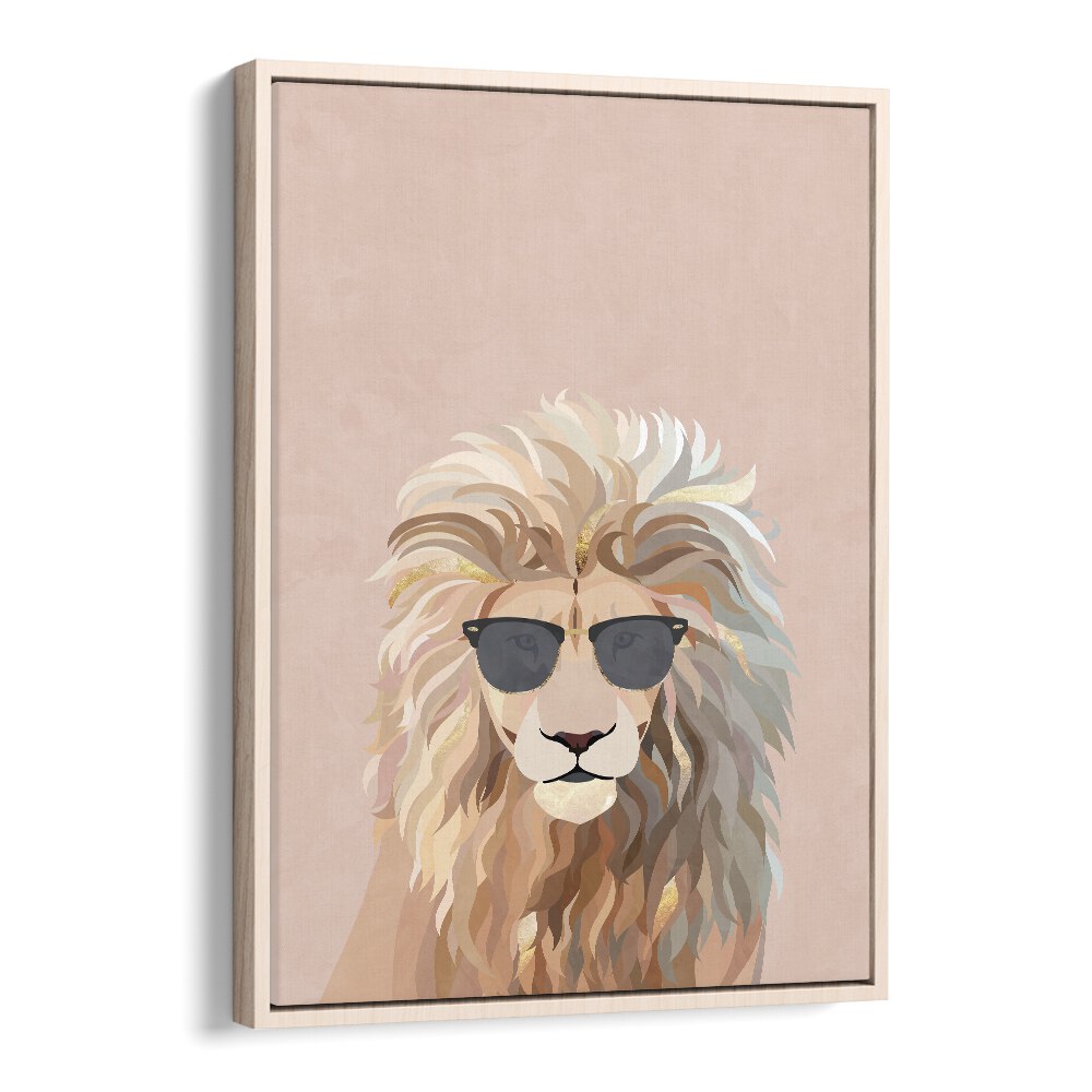 Cool Cat Lion By Sarah Manovski Wildlife Paintings in Oak Wood Floater Frame