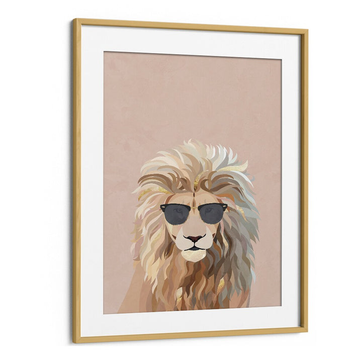 Cool Cat Lion By Sarah Manovski Wildlife Paintings in Oak Wood Frame With Mount