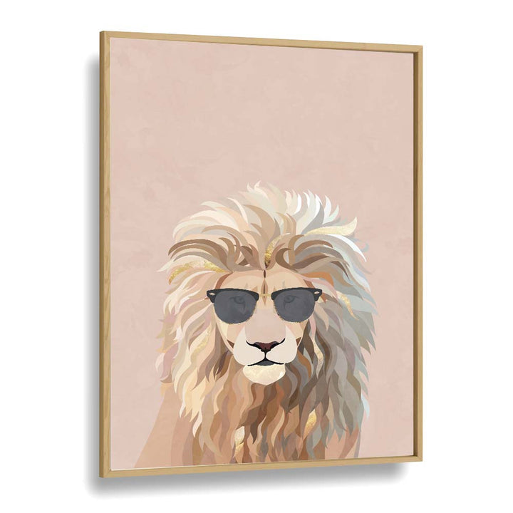 Cool Cat Lion By Sarah Manovski Wildlife Paintings in Oak Wood Plain Frame