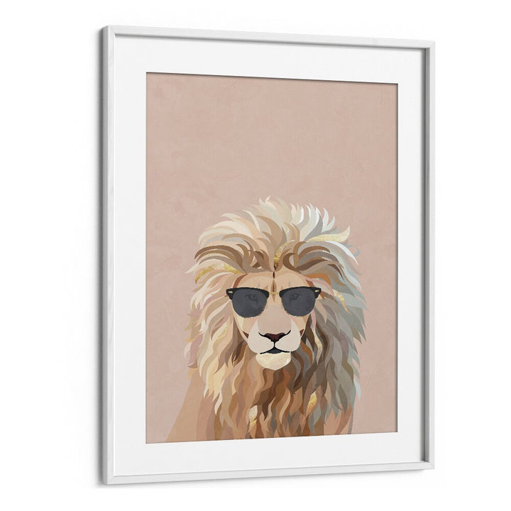 Cool Cat Lion By Sarah Manovski Wildlife Paintings in White Frame With Mount