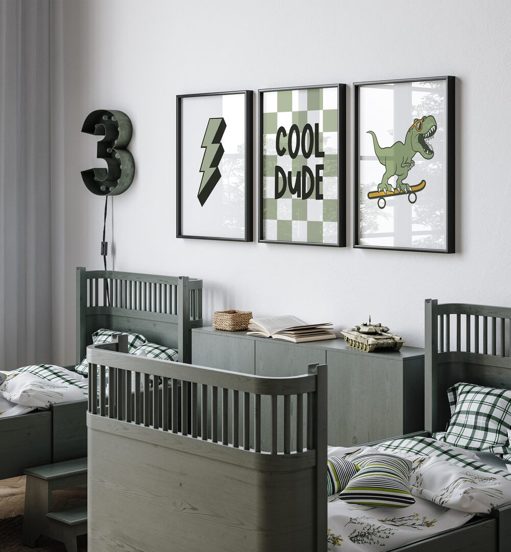 Cool Dude Set Of 3 Paintings in Black Plain Frame placed on the wall behind a kids bed for kids room