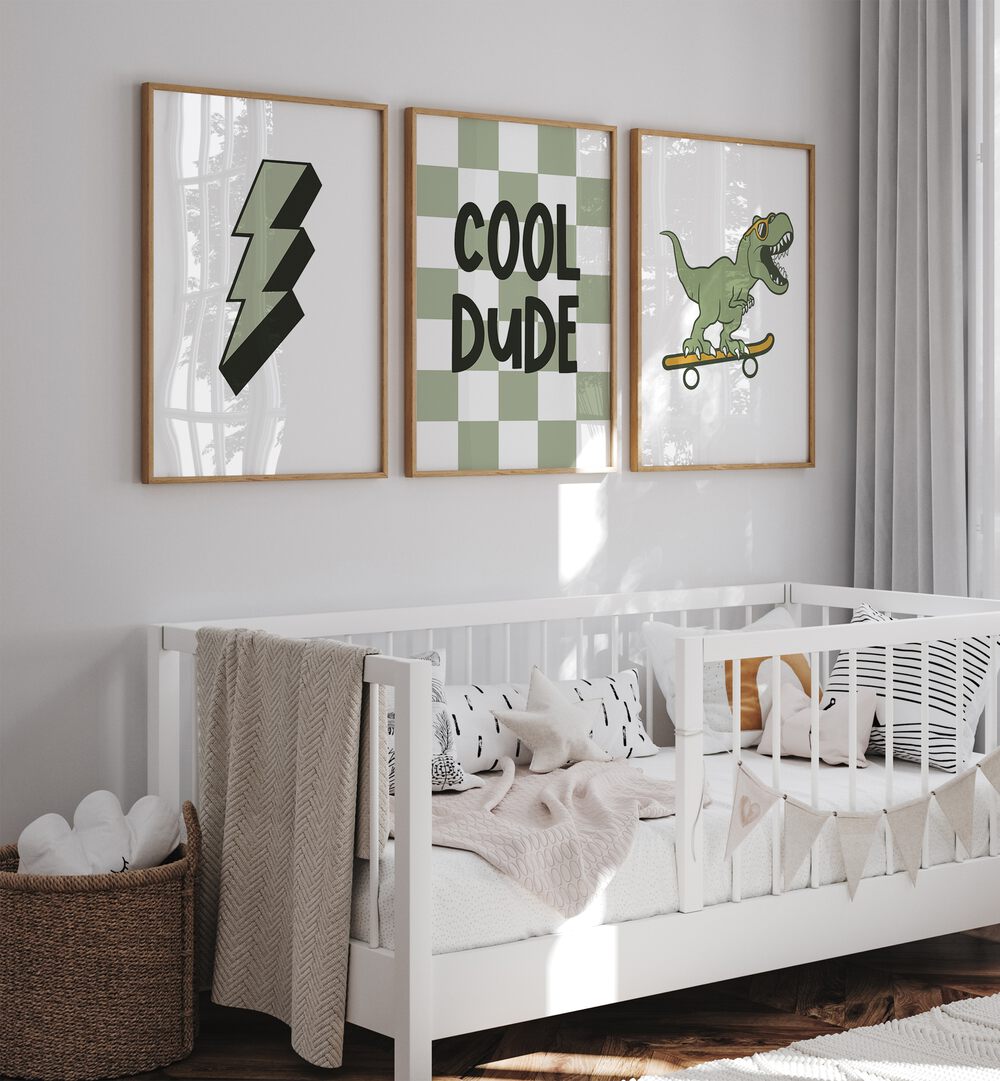 Cool Dude Set Of 3 Paintings in Oak Wood Plain Frame placed on a wall behind a kids bed for kids room