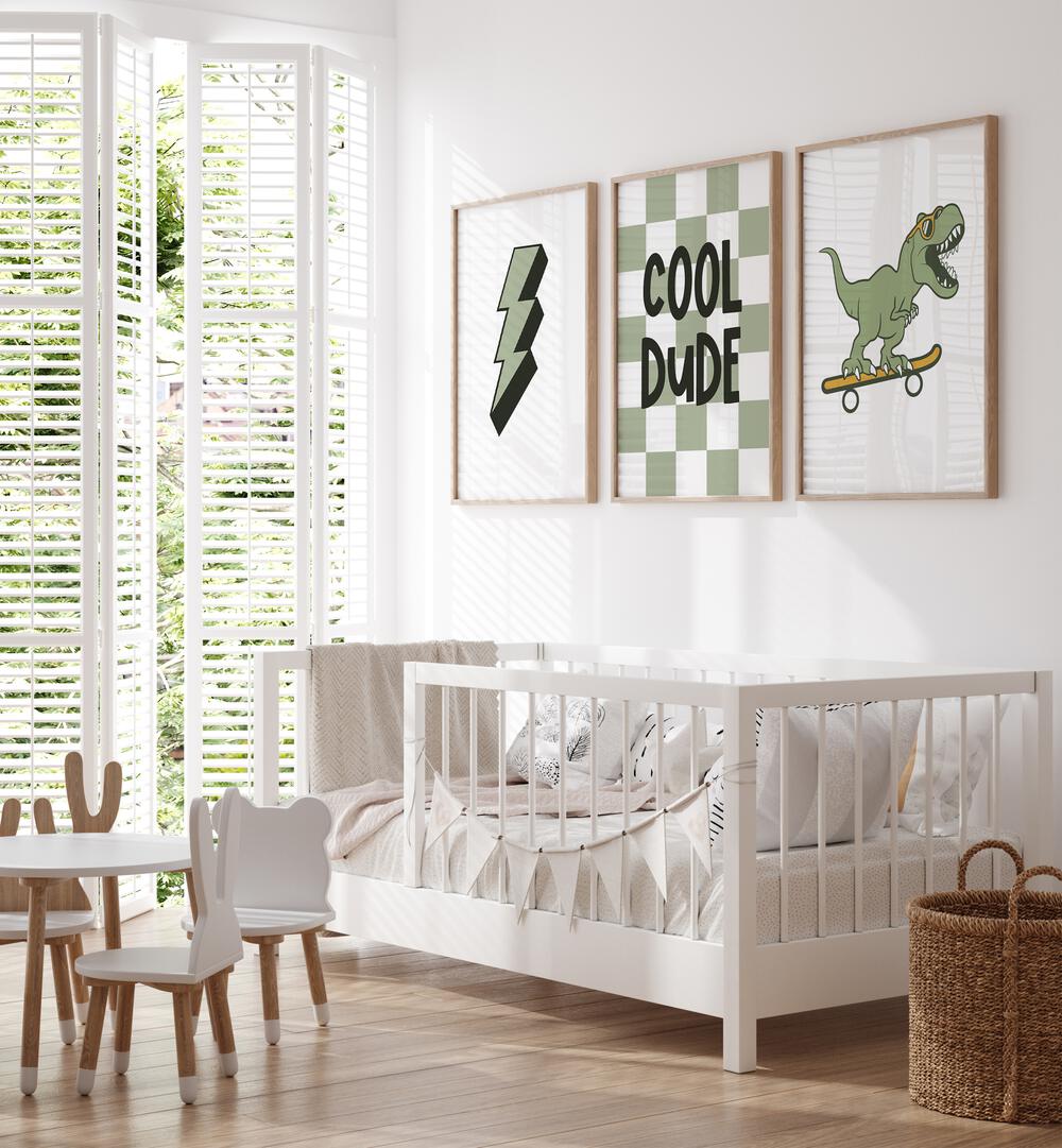 Cool Dude Set Of 3 Paintings in Oak Wood Plain Frame placed on a wall behind a kids bed for kids room