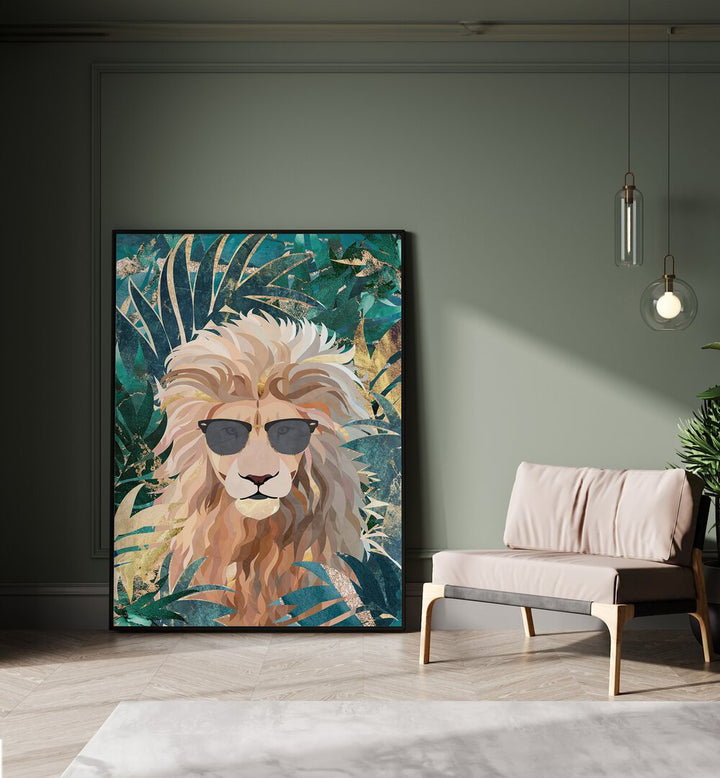 Cool Tropical Lion in Sunglasses By Sarah Manovski Wildlife Painting placed on wall 