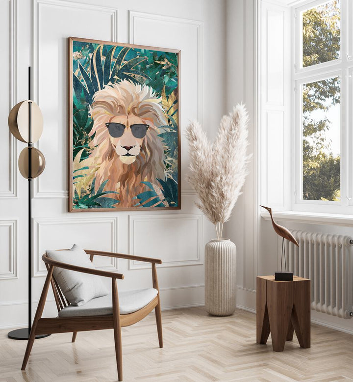 Cool Tropical Lion in Sunglasses By Sarah Manovski Wildlife Painting placed on wall 