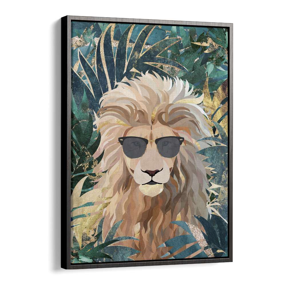 Cool Tropical Lion in Sunglasses By Sarah Manovski Wildlife Painting in Black Floater Frame