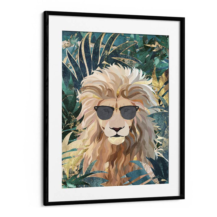 Cool Tropical Lion in Sunglasses By Sarah Manovski Wildlife Painting in Black Frame With Mount