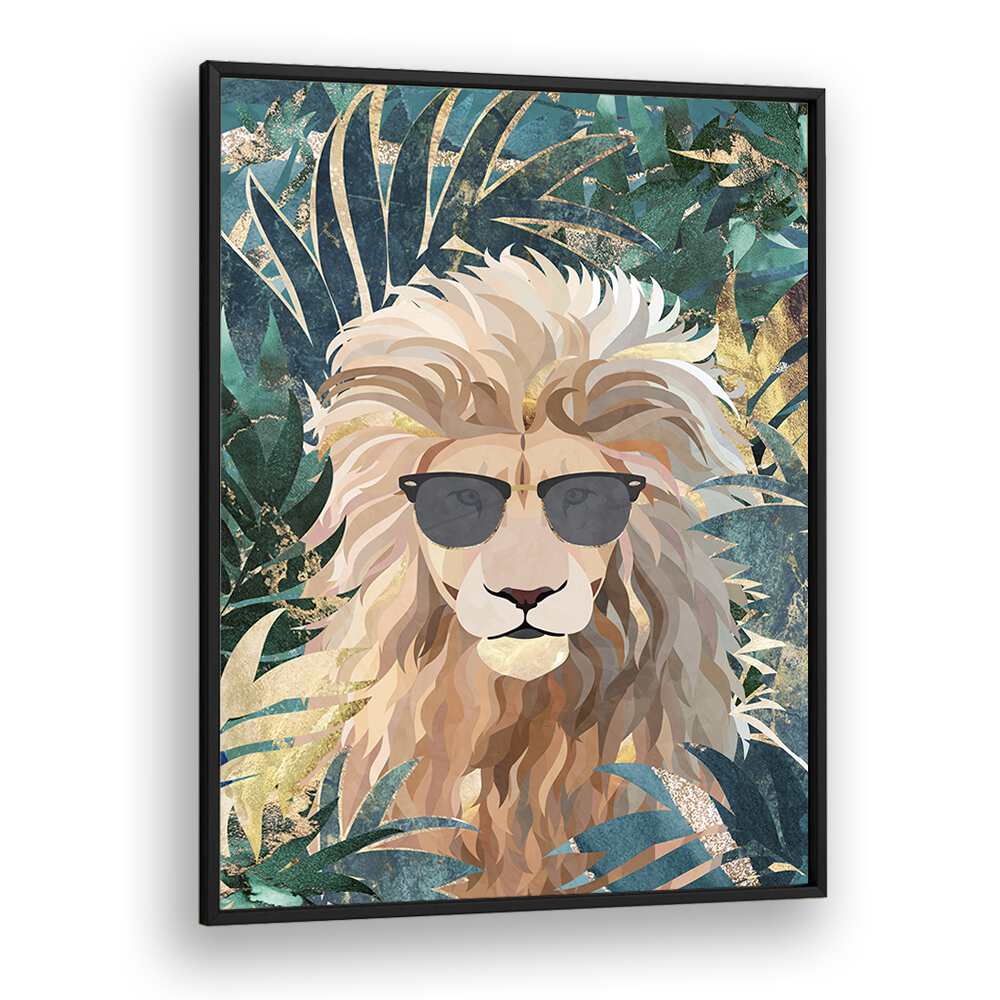 Cool Tropical Lion in Sunglasses By Sarah Manovski Wildlife Painting in Black Plain Frame