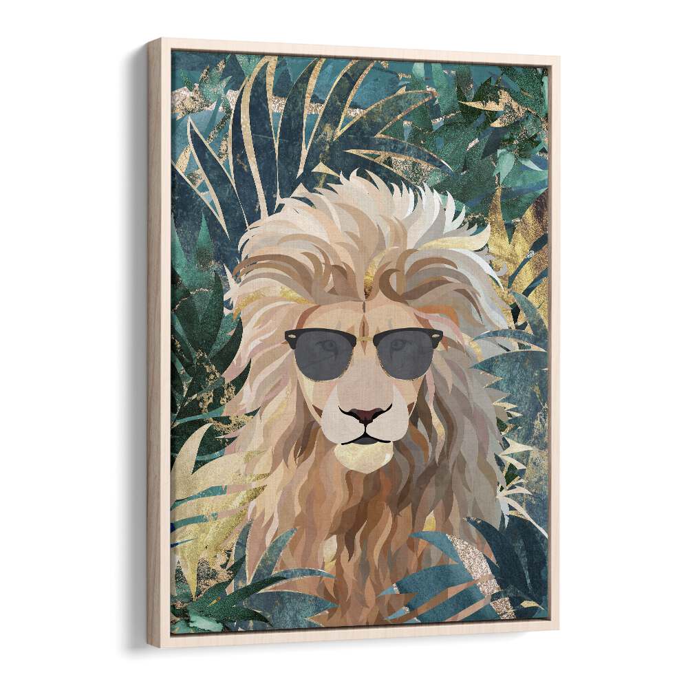 Cool Tropical Lion in Sunglasses By Sarah Manovski Wildlife Painting in Oak Wood Floater Frame