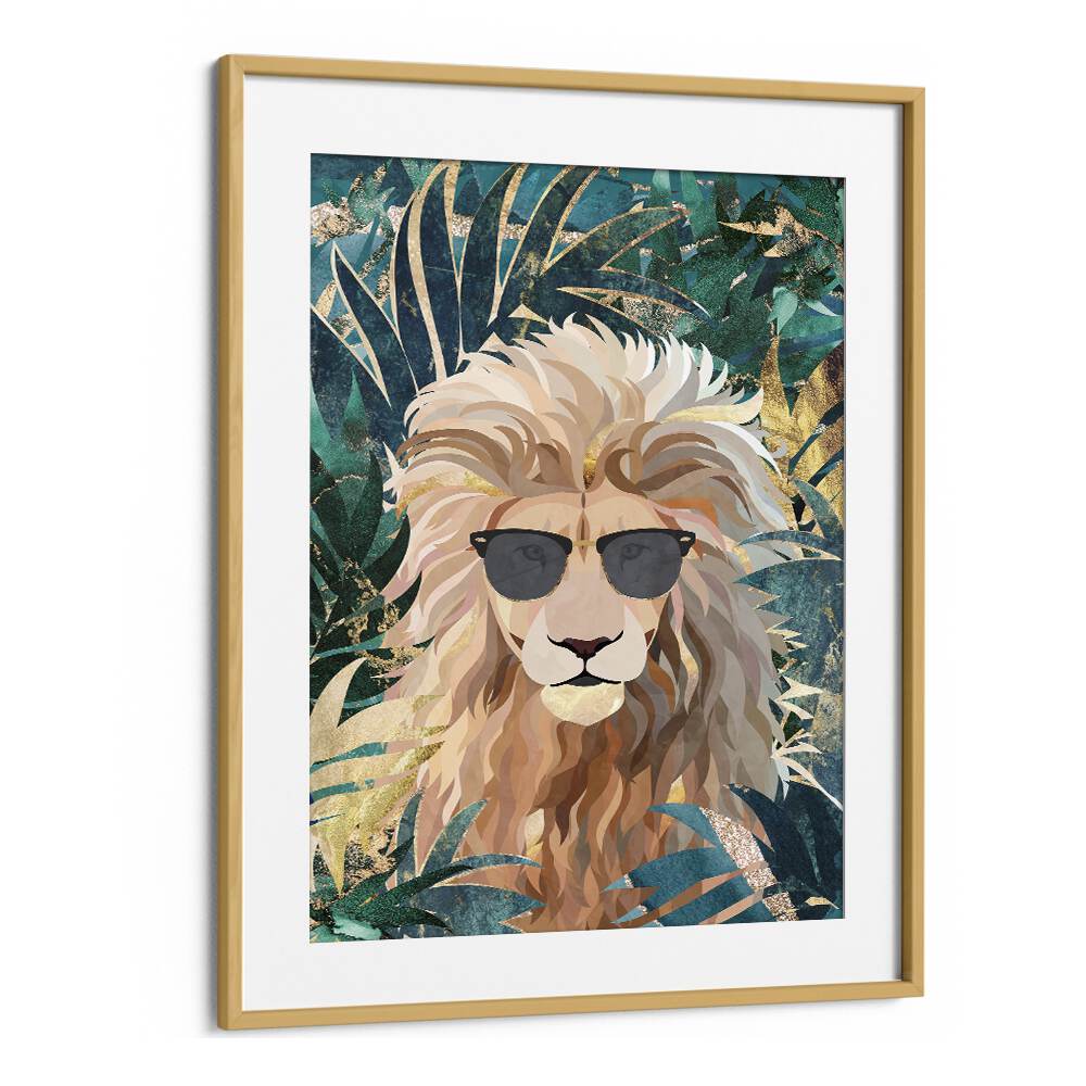 Cool Tropical Lion in Sunglasses By Sarah Manovski Wildlife Painting in Oak Wood Frame With Mount