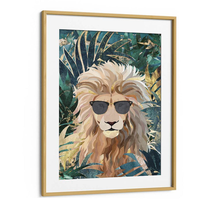 Cool Tropical Lion in Sunglasses By Sarah Manovski Wildlife Painting in Oak Wood Frame With Mount